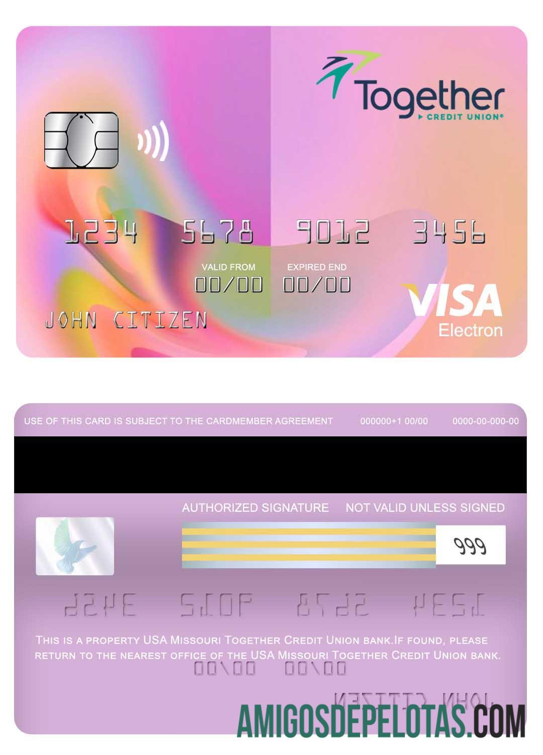 Cartão Visa Electron dos EUA Missouri Together Credit Union Bank amostra